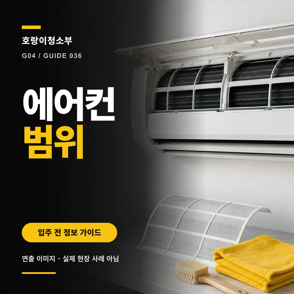 덮개가 열린 벽걸이 에어컨과 분리한 필터 옆에 에어컨 범위 문구를 크게 넣은 정사각형 안내 이미지