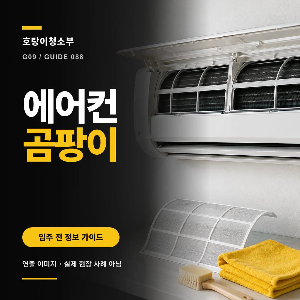 에어컨 필터와 내부 점검 경계를 보여 주며 에어컨곰팡이 문구를 크게 넣은 정사각형 안내 이미지