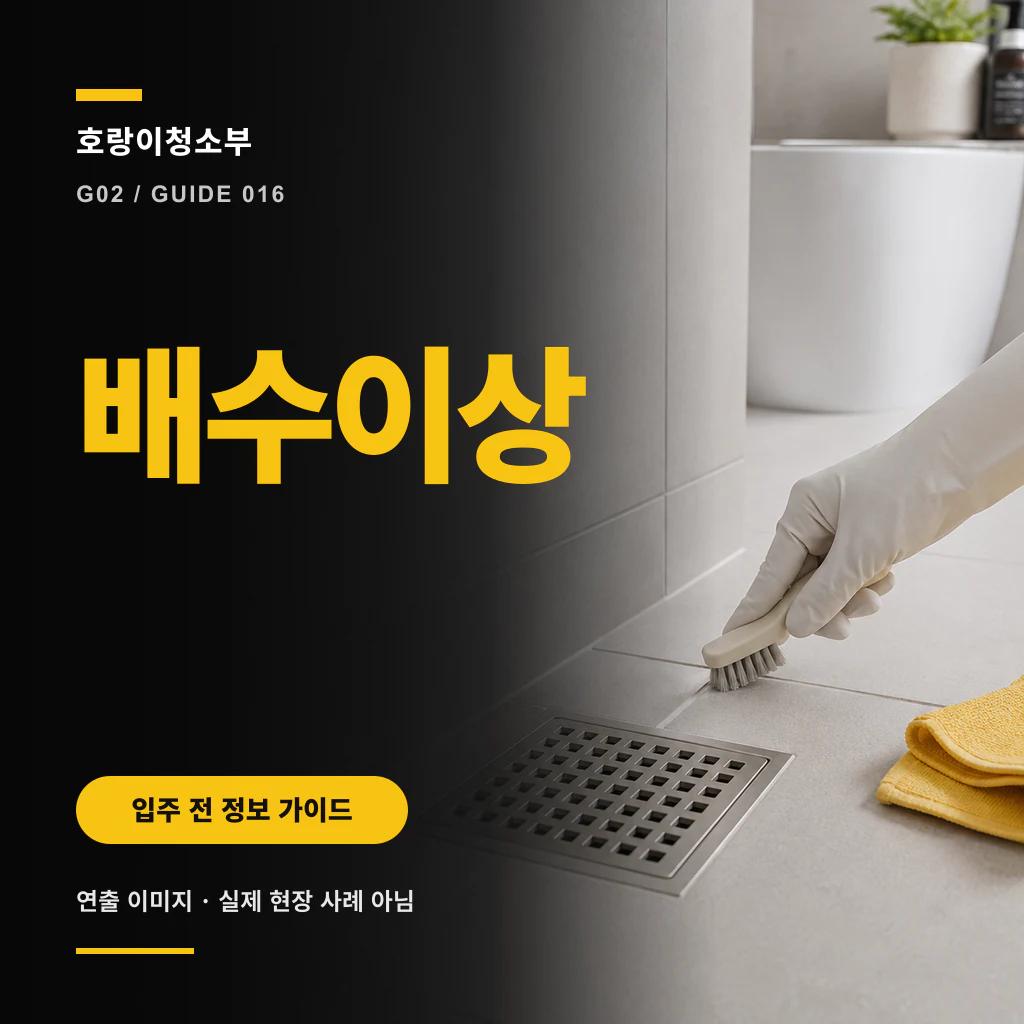 검은 안내 패널 옆 흰 욕실 바닥에서 장갑 낀 손이 정사각형 금속 배수구 주변 타일을 솔로 닦는 연출 이미지