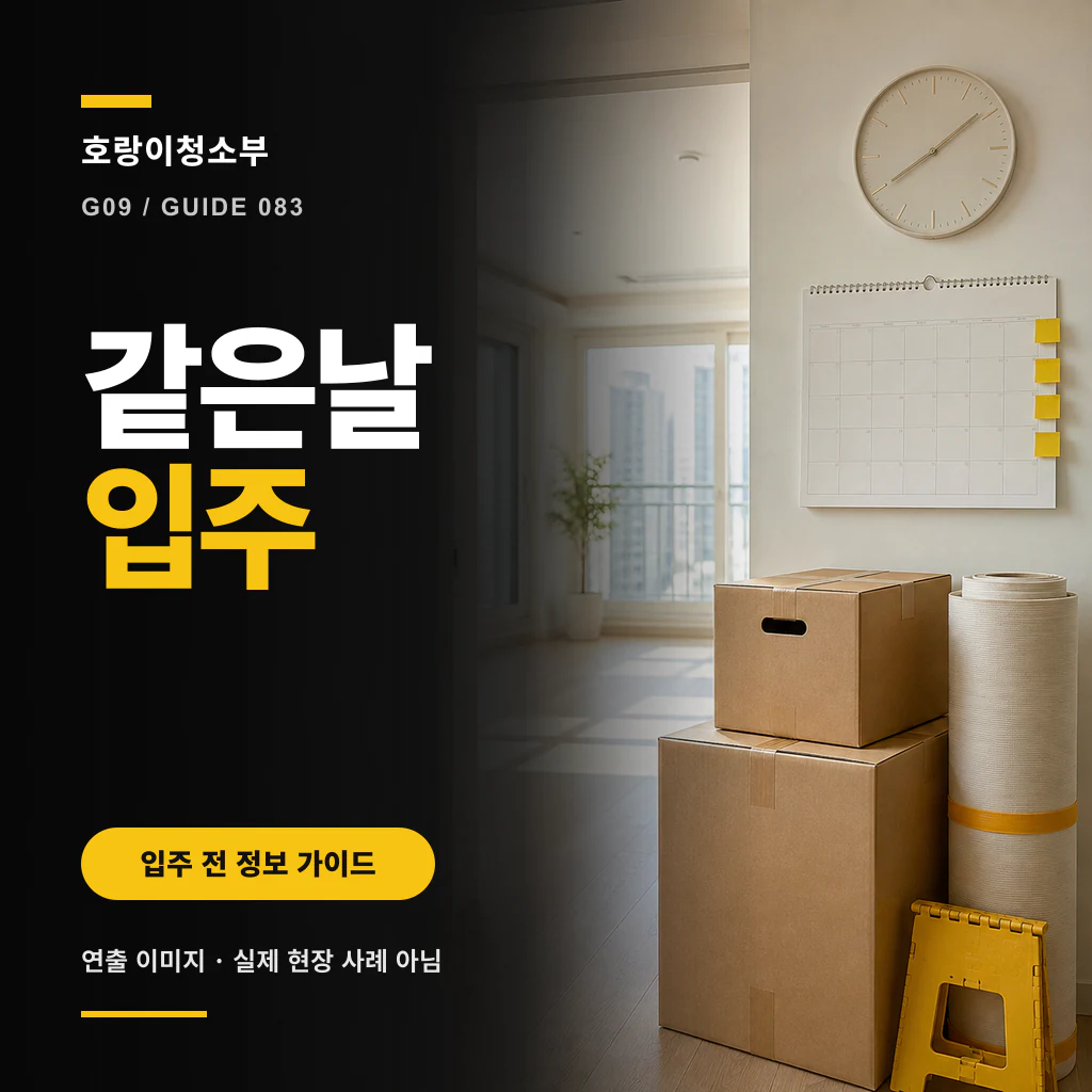 퇴거 차량과 입주 차량 사이에 청소·검수 시간을 배치한 정사각형 일정 안내 이미지