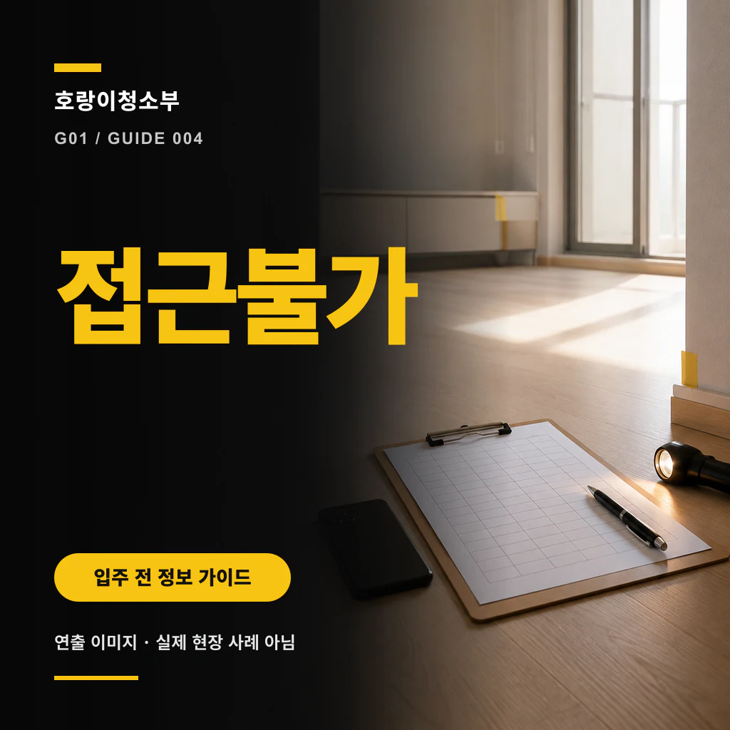 큰 가구로 막힌 바닥 구역에 접근선을 표시한 정사각형 안내 이미지
