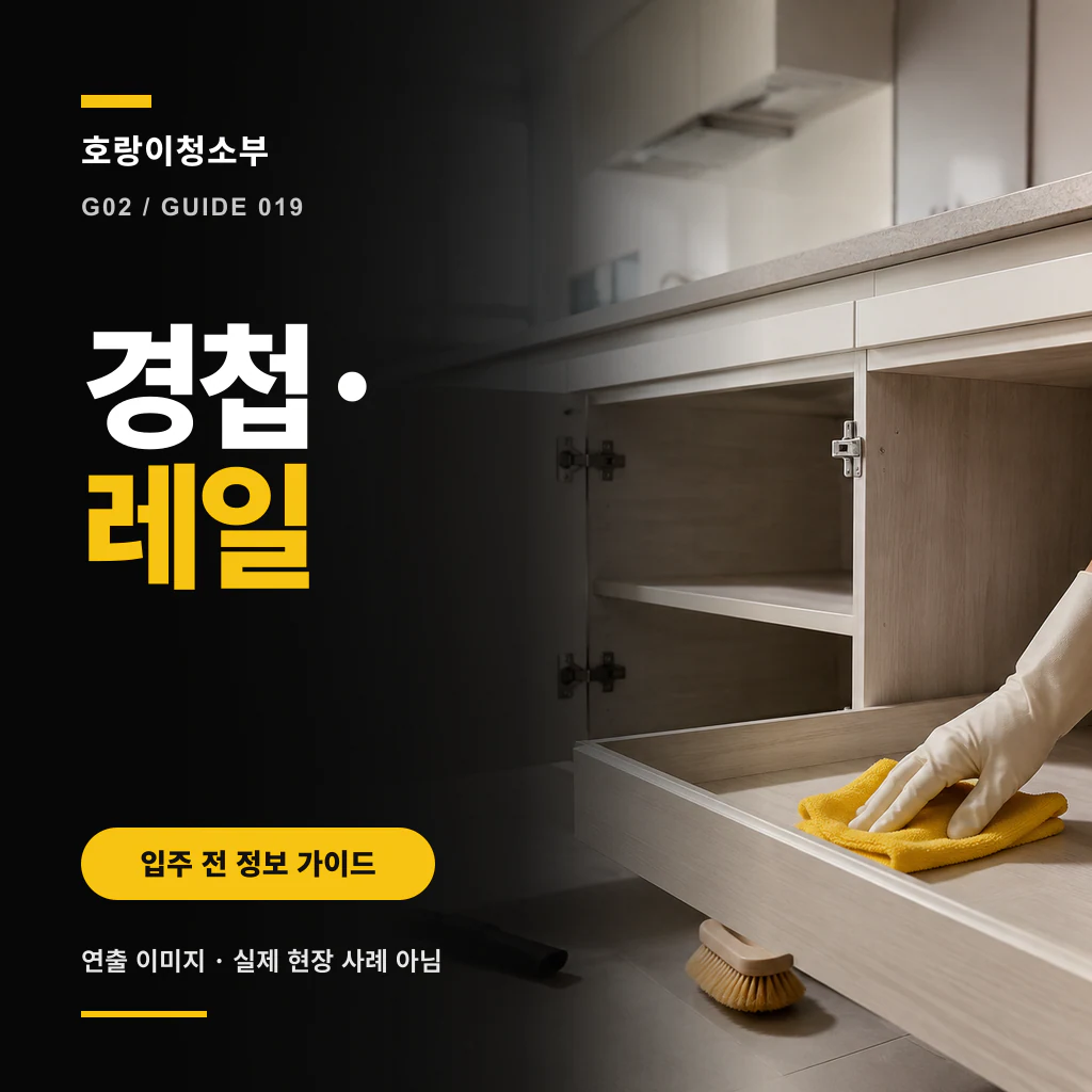문이 열린 주방 하부 수납장과 앞으로 나온 서랍, 안쪽 경첩, 노란 천을 든 장갑 낀 손이 함께 보이고 왼쪽에 경첩·레일 문구가 있는 정사각형 연출 이미지