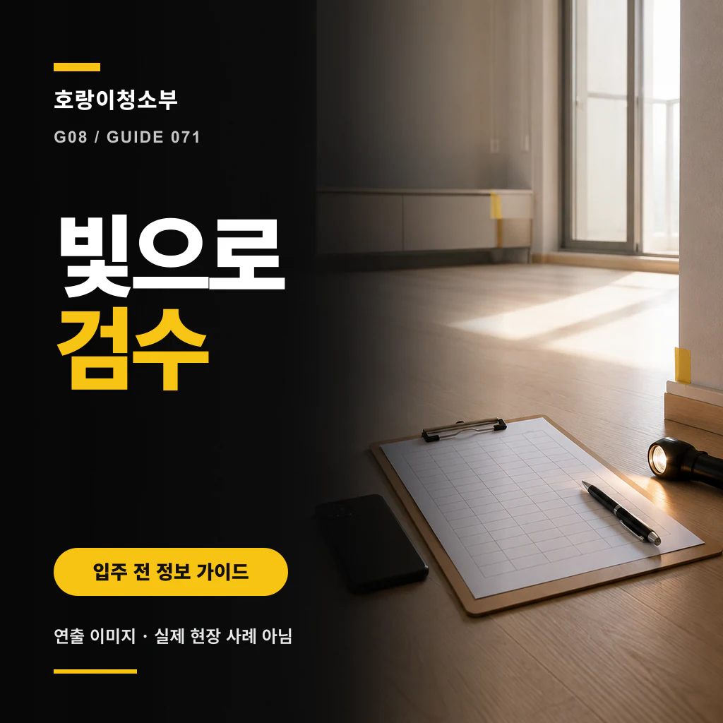 햇빛이 길게 드는 빈 방 바닥에 기록판과 펜, 손전등, 노란 위치 표시가 놓이고 빛으로 검수 문구가 보이는 정사각형 연출 이미지