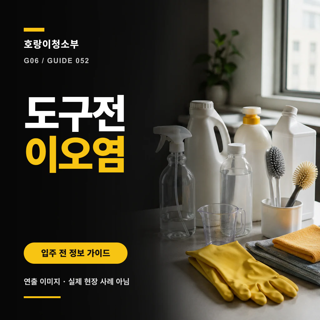 검정 안내판 옆에 흰색 세정 용기, 회색 브러시, 노란 장갑과 접은 걸레가 놓이고 도구전이오염 문구가 보이는 정사각형 연출 이미지