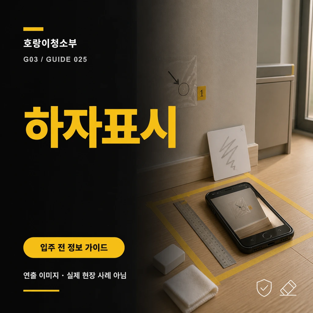 벽의 화살표·원형 점검 표시를 투명 필름과 번호표로 보호하고 별도 낙서 견본, 자, 촬영용 휴대전화와 통제선 밖 지우개를 배치한 정사각형 연출 이미지