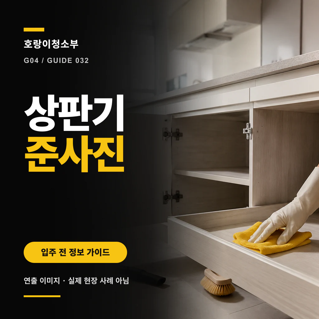 왼쪽 검은 패널의 흰색·노란색 상판기준사진 문구와 오른쪽 주방의 열린 수납장 서랍을 노란 천으로 닦는 장갑 낀 손이 보이는 정사각형 연출 이미지
