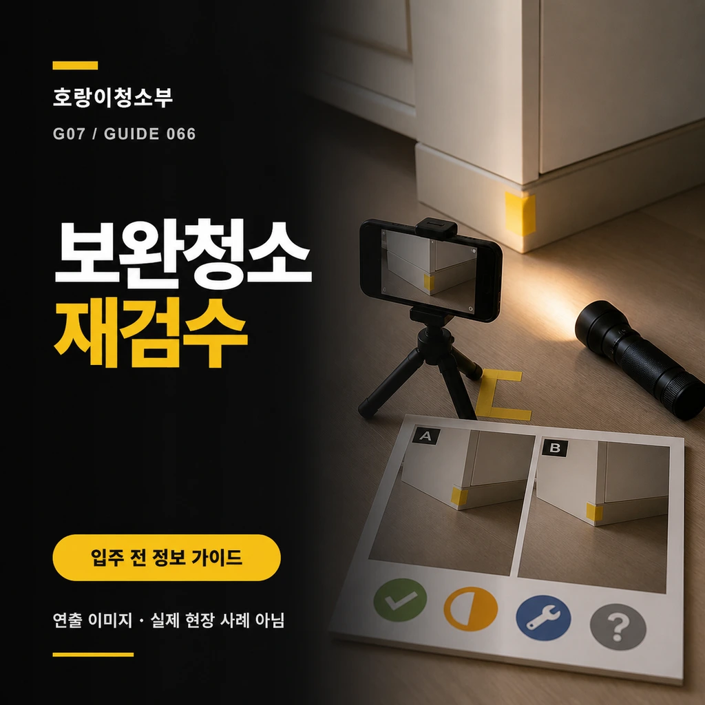 노란 기준점이 붙은 같은 수납장 모서리를 고정 위치 휴대전화와 손전등으로 재촬영하고 A·B 비교 사진과 네 가지 상태 기호를 나란히 둔 정사각형 연출 이미지