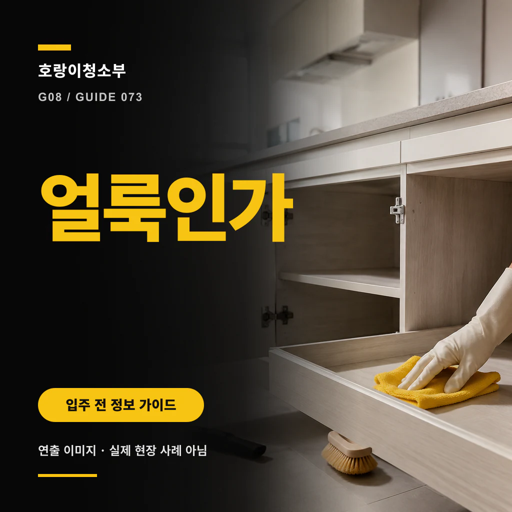 석재 느낌의 상판 아래 열린 주방 수납장 서랍을 장갑 낀 손이 노란 천으로 닦는 정사각형 연출 이미지