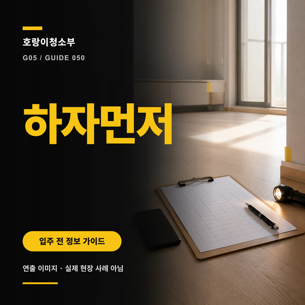 노란 표시 테이프가 붙은 빈 실내와 격자 기록지·펜·손전등·스마트폰이 놓인 정사각형 연출 이미지