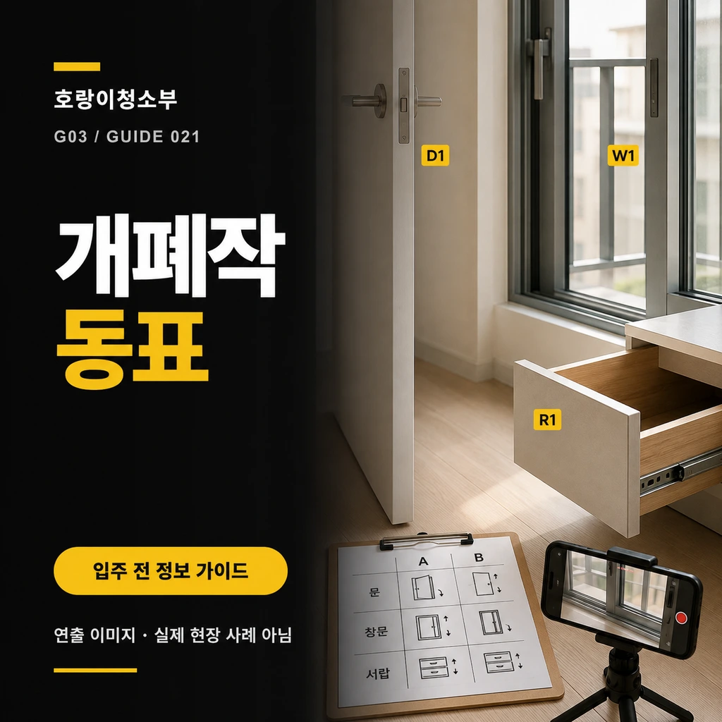 열린 문·창·서랍에 D1·W1·R1 번호표가 붙고 개폐 기록표와 촬영 중인 휴대전화가 놓인 실내 옆에 개폐 작동표 문구가 보이는 정사각형 연출 이미지