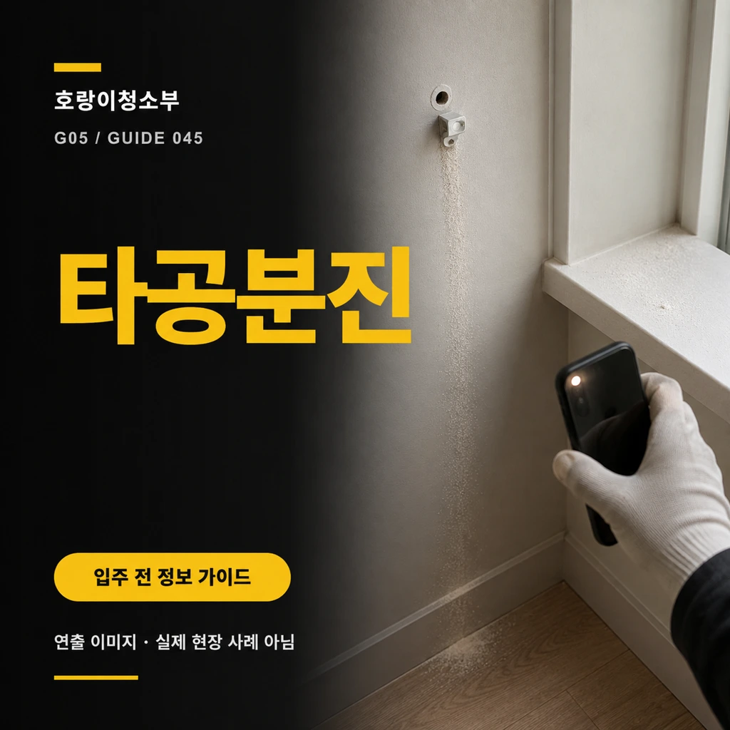 벽 타공점 아래와 창턱·바닥 모서리에 남은 미세 분진을 휴대전화 조명으로 확인하는 타공 분진 안내용 정사각형 연출 이미지