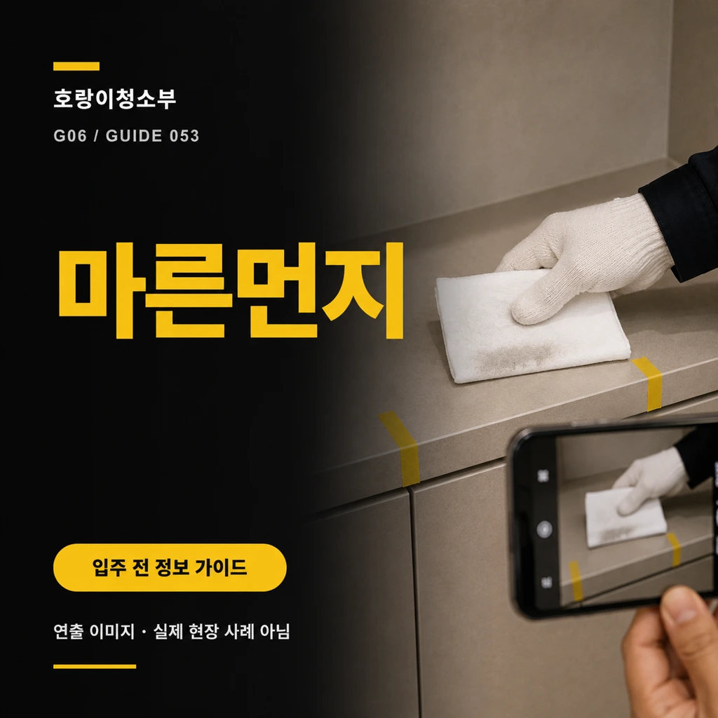 수평면의 짧은 시험 구간을 흰 천으로 한 방향 확인하고 천에 묻은 마른 먼지를 휴대전화로 기록하는 정사각형 연출 이미지
