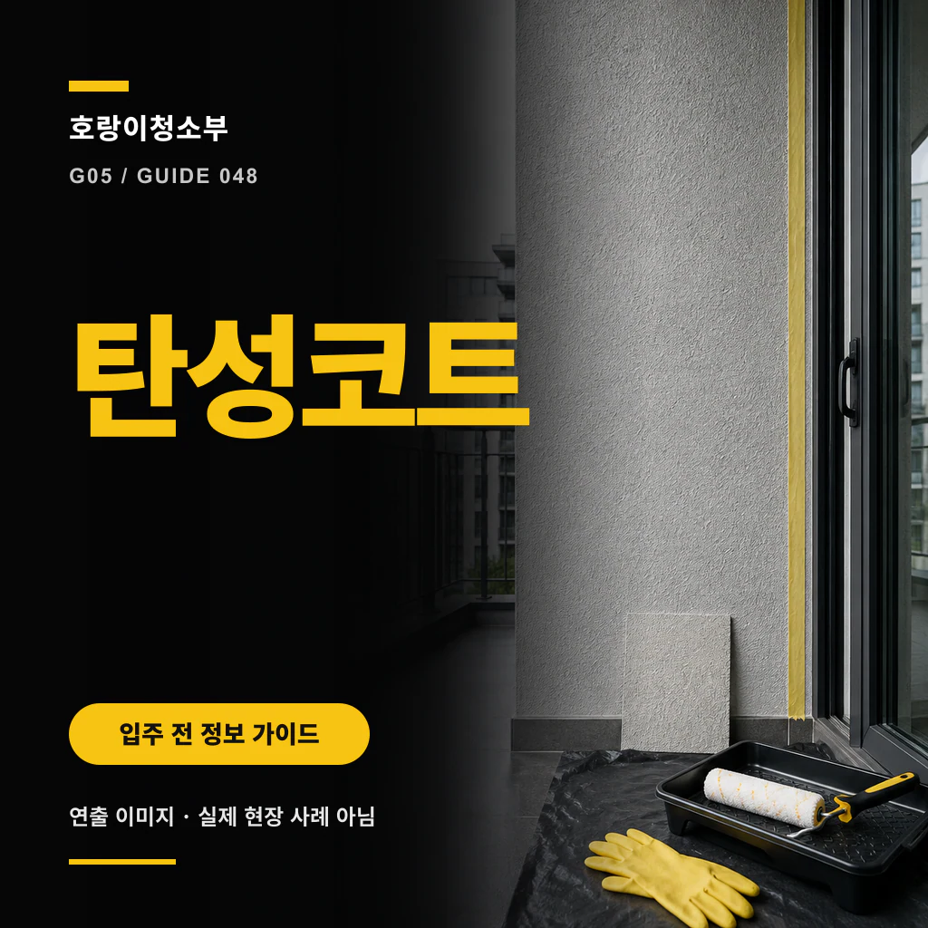 베란다 코팅 작업을 연출한 장면 위에 탄성코트 문구가 크게 표시된 정사각형 안내 이미지