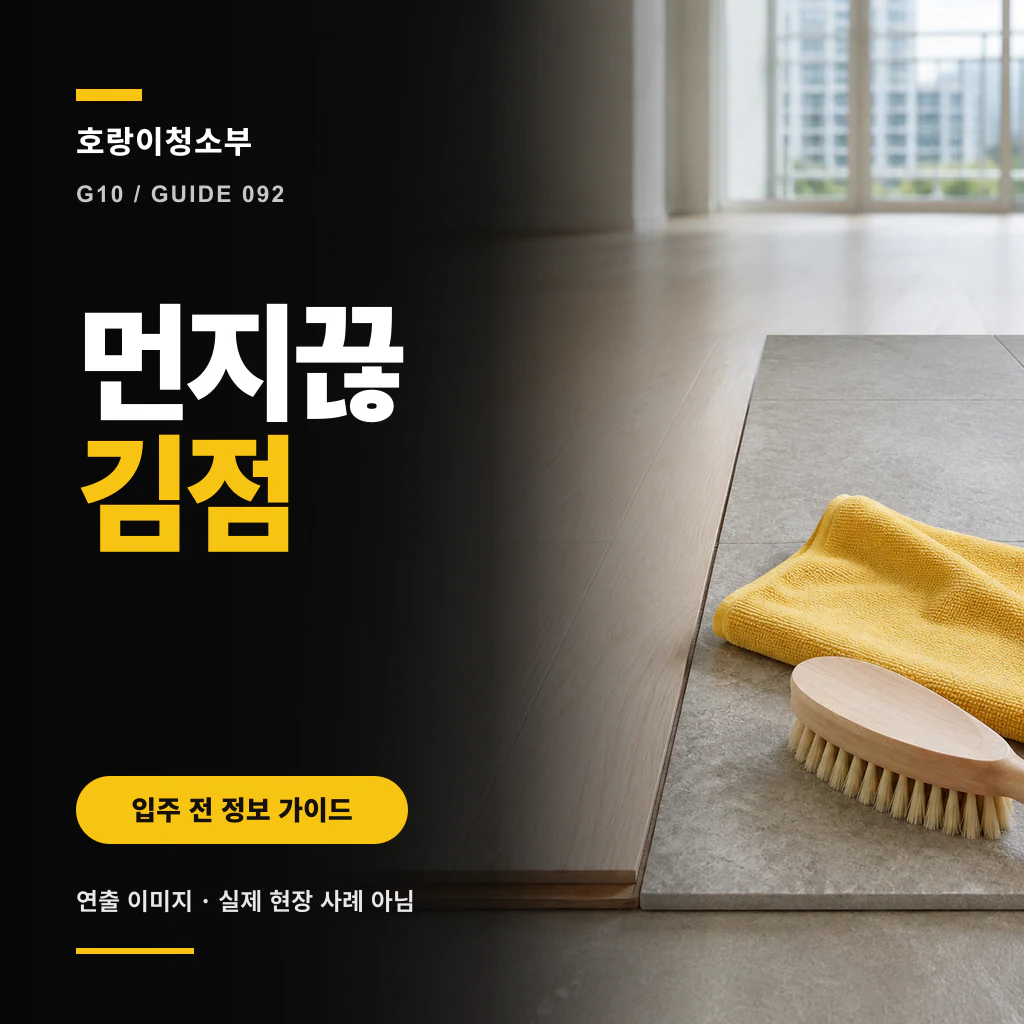 검은 안내 패널의 먼지끊김점 문구 옆으로 밝은 현관 바닥 경계와 노란 천, 나무 솔이 놓인 정사각형 이미지