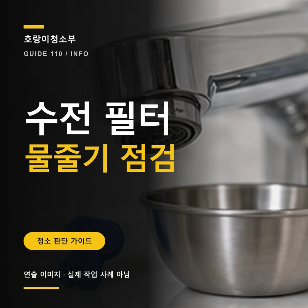 큰 수전 필터 물줄기 점검 문구와 수전 끝 에어레이터 아래 전용 키와 작은 그릇이 놓인 정사각형 연출 이미지