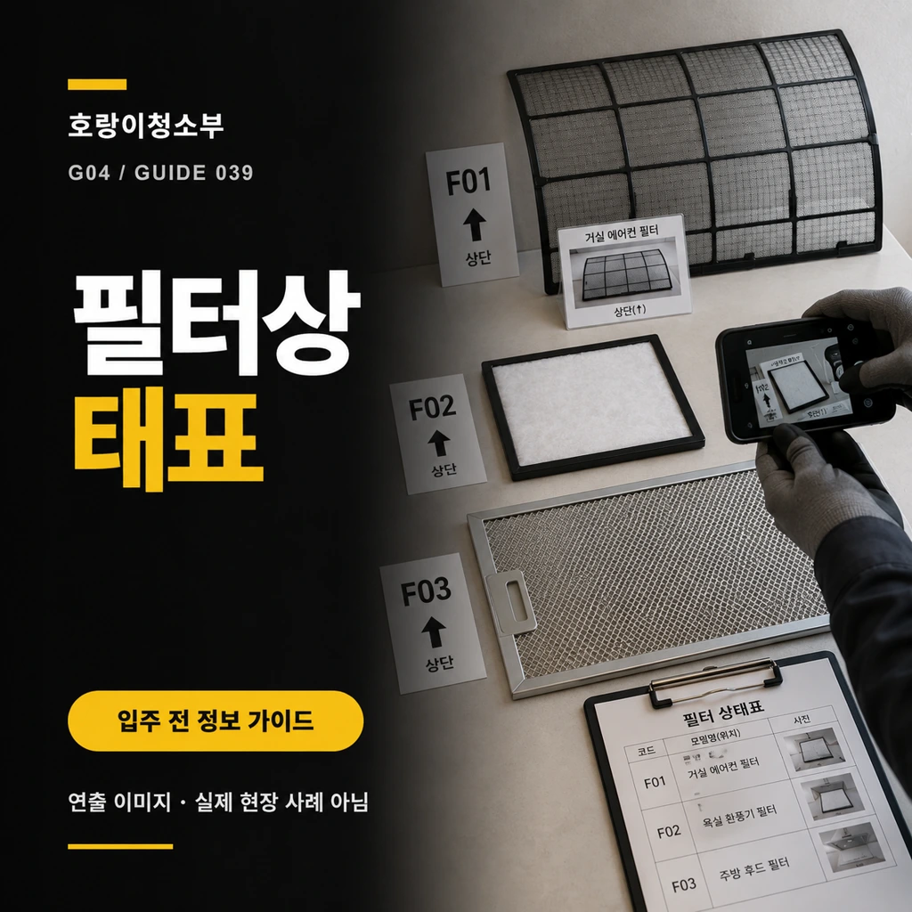 서로 다른 세 종류의 설비 필터를 F01·F02·F03 번호와 장착 방향, 사진 기록에 맞춰 확인하는 필터 상태표 정사각형 연출 이미지