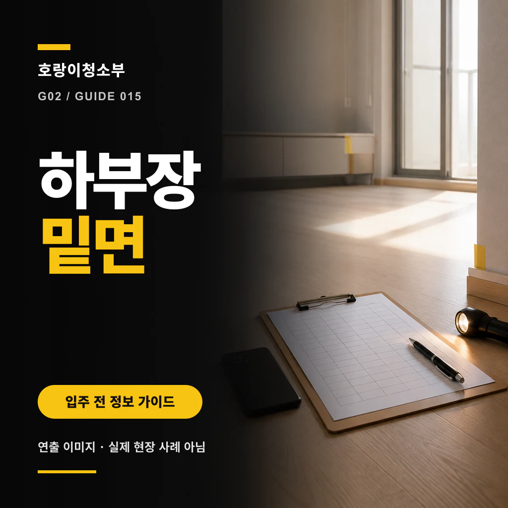 가구 앞 바닥의 점검표와 손전등 옆에 하부장 밑면 문구가 보이는 정사각형 연출 이미지