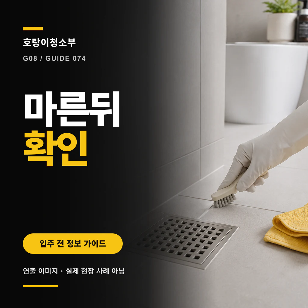 밝은 욕실 바닥 배수구 주변 줄눈을 장갑 낀 손이 작은 솔로 닦고 노란 천이 놓인 정사각형 연출 이미지