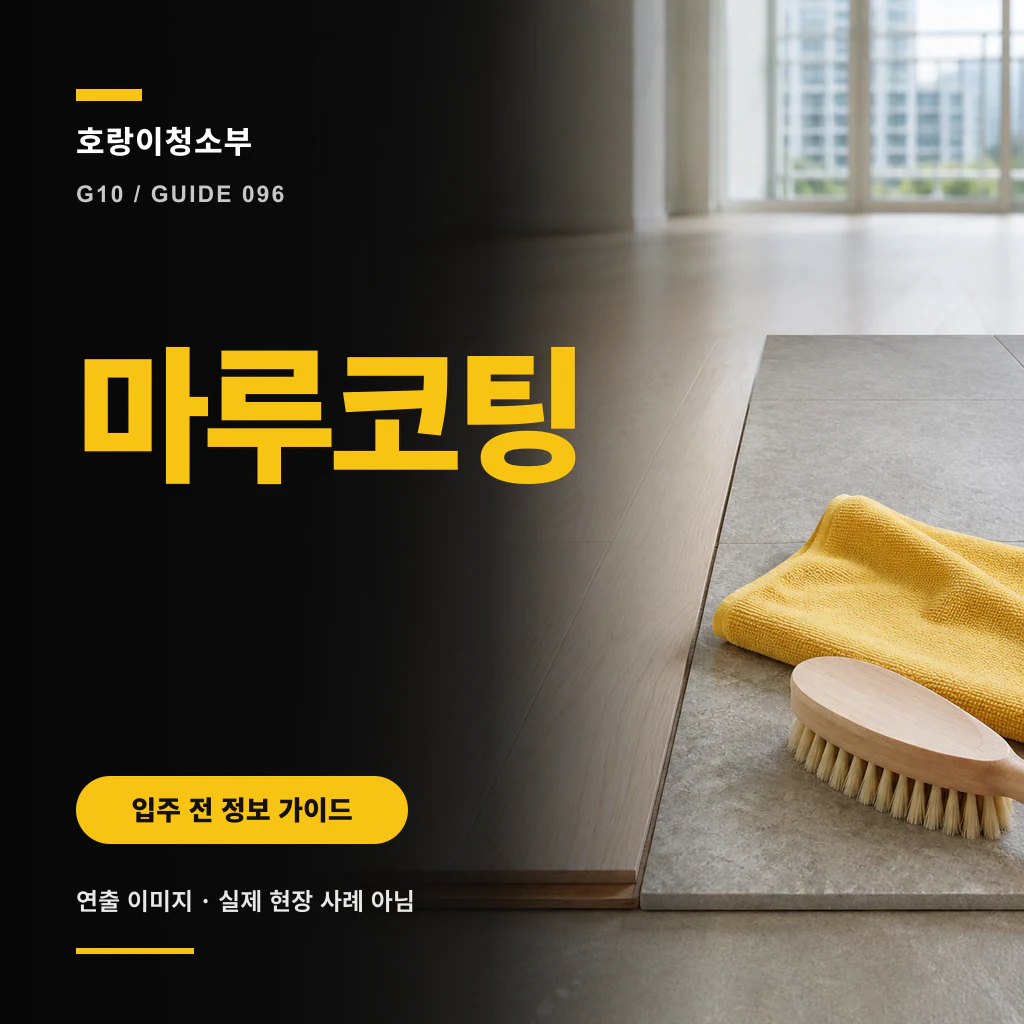 서로 다른 바닥 샘플과 제품 관리 문서 위에 마루코팅 문구를 크게 넣은 정사각형 안내 이미지