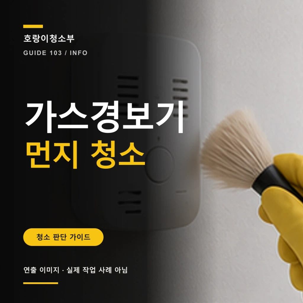 큰 가스경보기 먼지 청소 문구와 벽면 경보기 바깥에 부드러운 솔이 놓인 정사각형 연출 이미지