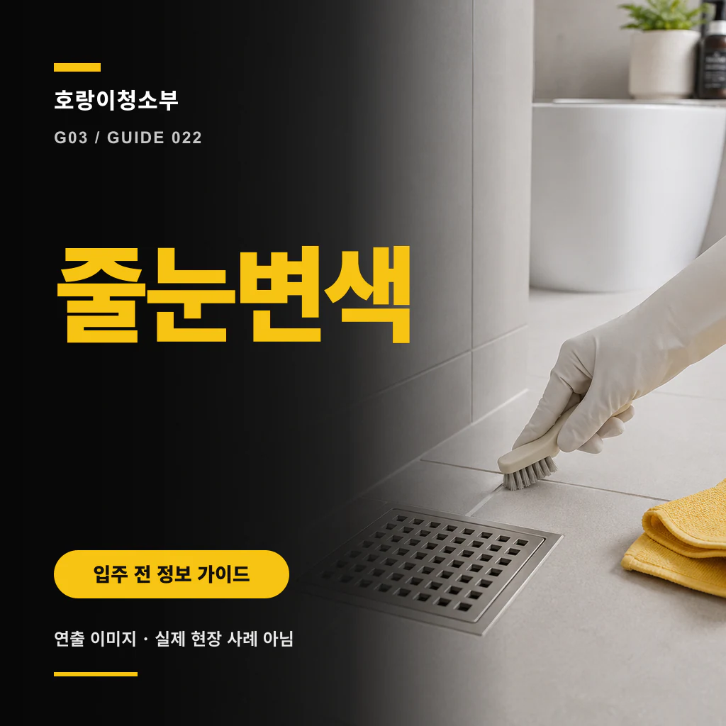 장갑 낀 손이 욕실 바닥 타일 줄눈을 작은 솔로 확인하는 장면에 줄눈변색 문구를 크게 넣은 정사각형 안내 이미지