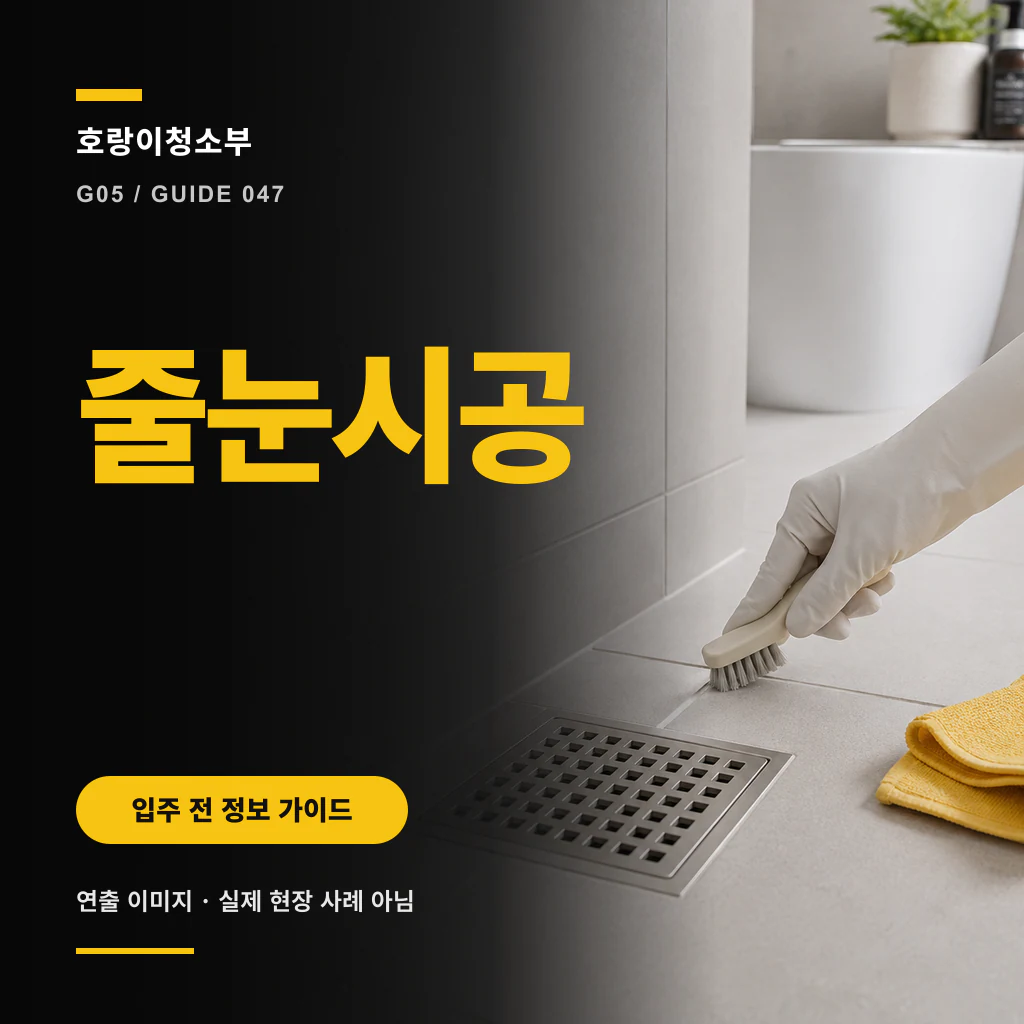 욕실 줄눈 면과 제품 확인 장면 위에 줄눈시공 문구가 크게 표시된 정사각형 안내 이미지