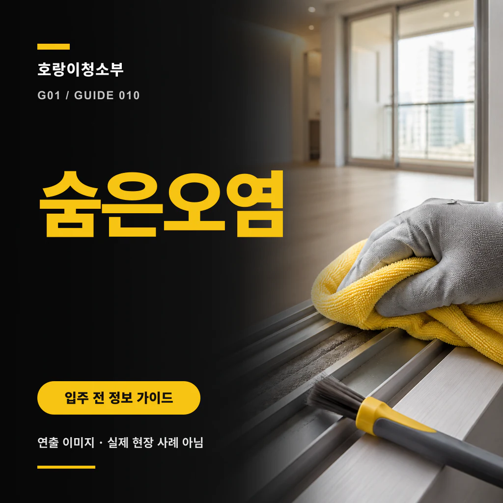 밝은 빈 실내의 창틀 레일을 장갑 낀 손이 노란 천으로 닦고 작은 솔이 놓인 정사각형 연출 이미지