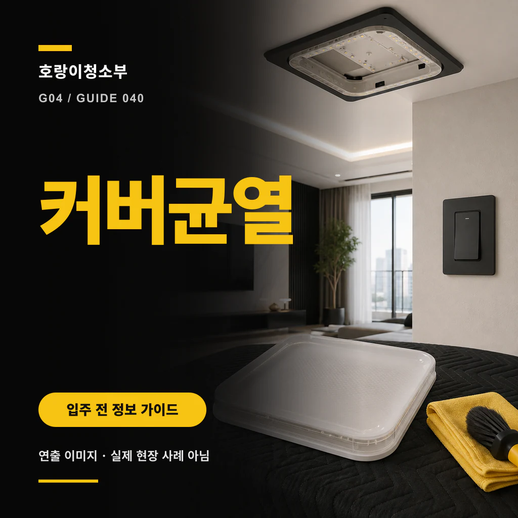 왼쪽 검은 패널의 노란색 커버균열 문구와 오른쪽 천장의 커버가 분리된 사각 조명, 벽 스위치, 검은 보호 매트 위 반투명 사각 커버와 노란 천·브러시가 보이는 정사각형 연출 이미지
