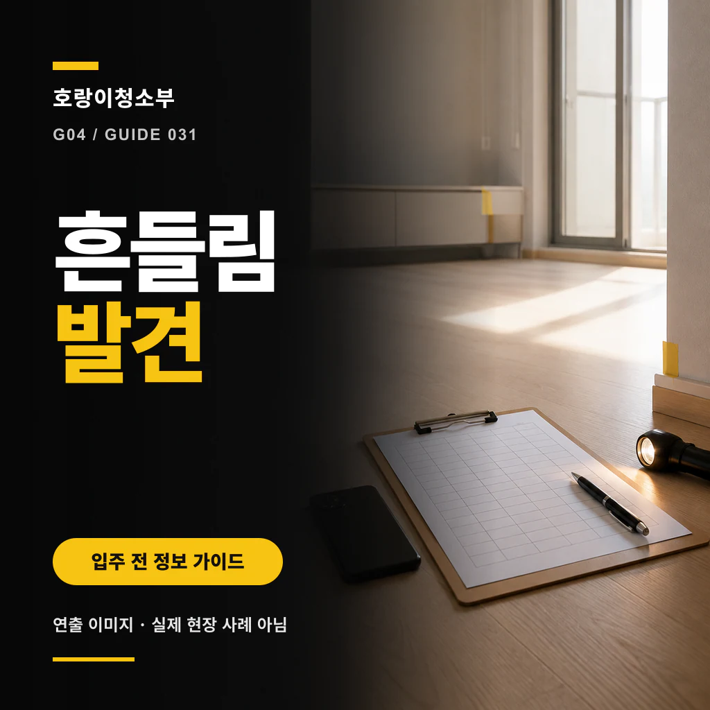 햇빛이 드는 빈 실내 모서리에 노란 표시 테이프가 붙어 있고, 바닥의 점검표·펜·손전등 옆 검은 영역에 흔들림 발견 문구가 보이는 정사각형 연출 이미지
