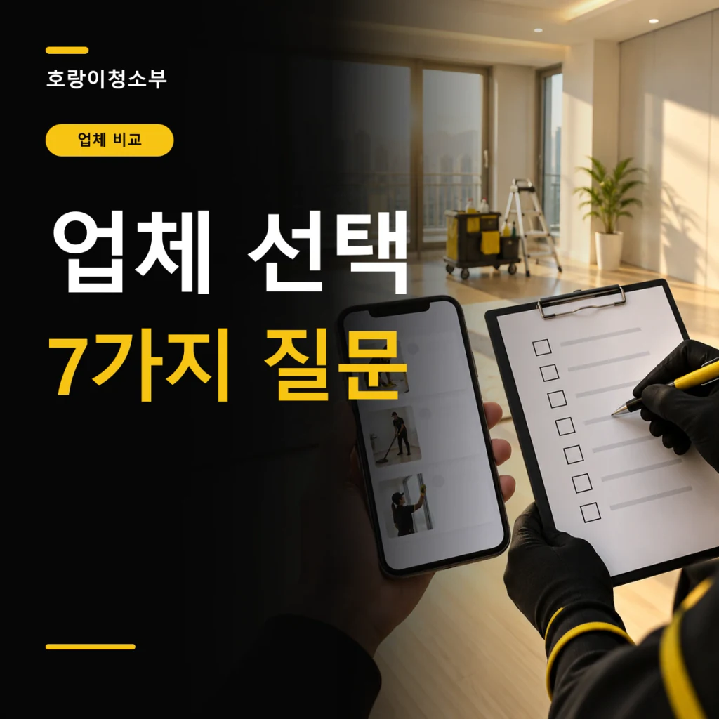 업체 선택과 7가지 질문이라는 큰 글자 옆에 여러 무문자 상담 카드가 뜬 휴대전화와 일곱 줄 체크리스트를 비교하는 빈 아파트 정사각형 연출 이미지