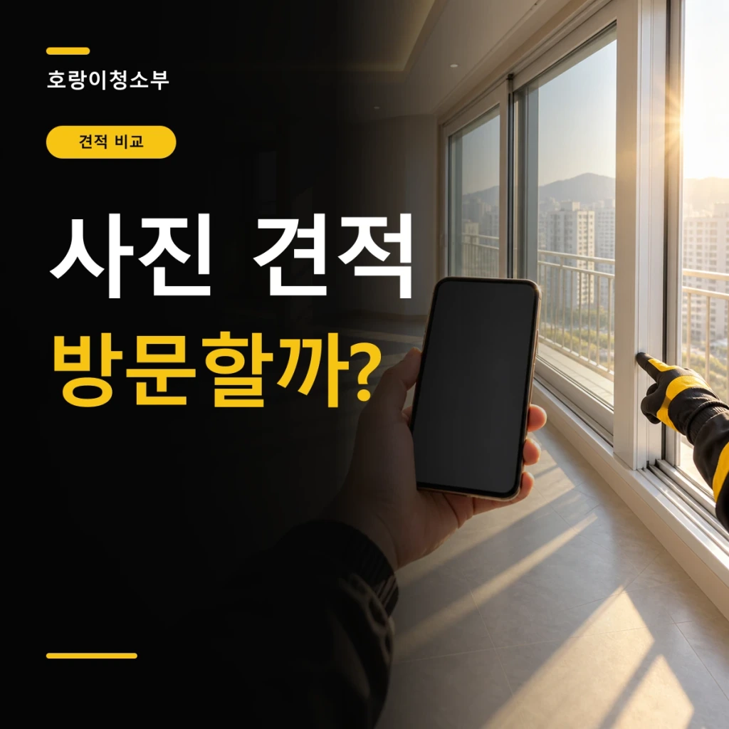 사진 견적과 방문 확인을 비교하는 큰 글자 옆에 빈 아파트를 촬영하는 휴대전화와 창틀을 직접 가리키는 노란 작업 장갑이 보이는 정사각형 연출 이미지