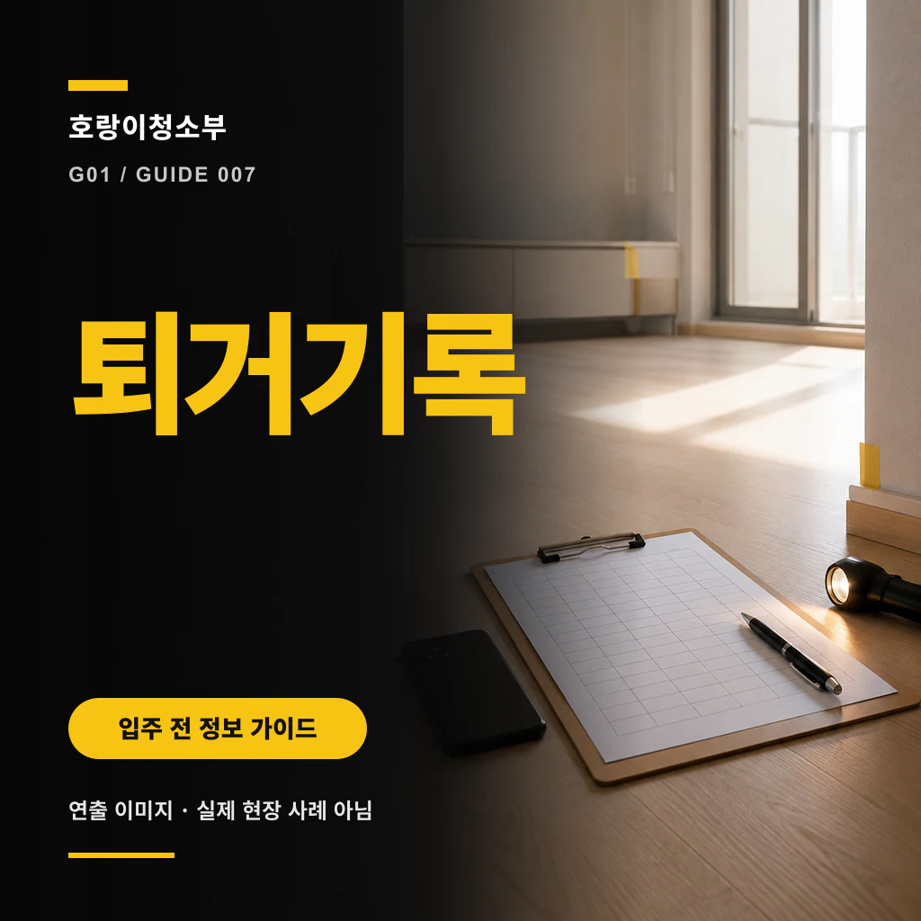 빈집 바닥의 점검표와 펜, 손전등 옆에 퇴거기록 문구를 크게 넣은 정사각형 안내 이미지