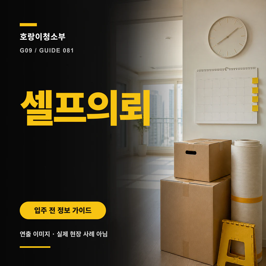 이삿짐 상자 옆에서 직접 청소할 구역과 도움을 비교할 구역을 나눈 정사각형 안내 이미지