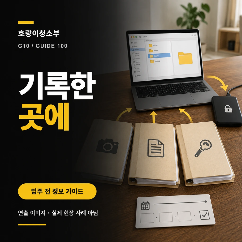 사진·계약서·하자를 상징하는 서류철 세 권과 폴더 화면이 열린 노트북, 잠금 표시 외장 드라이브, 보관 기한표를 배치한 정사각형 연출 이미지