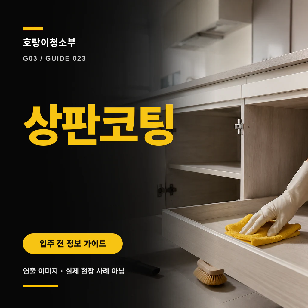 주방 상판 아래 열린 수납장과 서랍을 닦는 장면에 상판코팅 문구를 크게 넣은 정사각형 안내 이미지