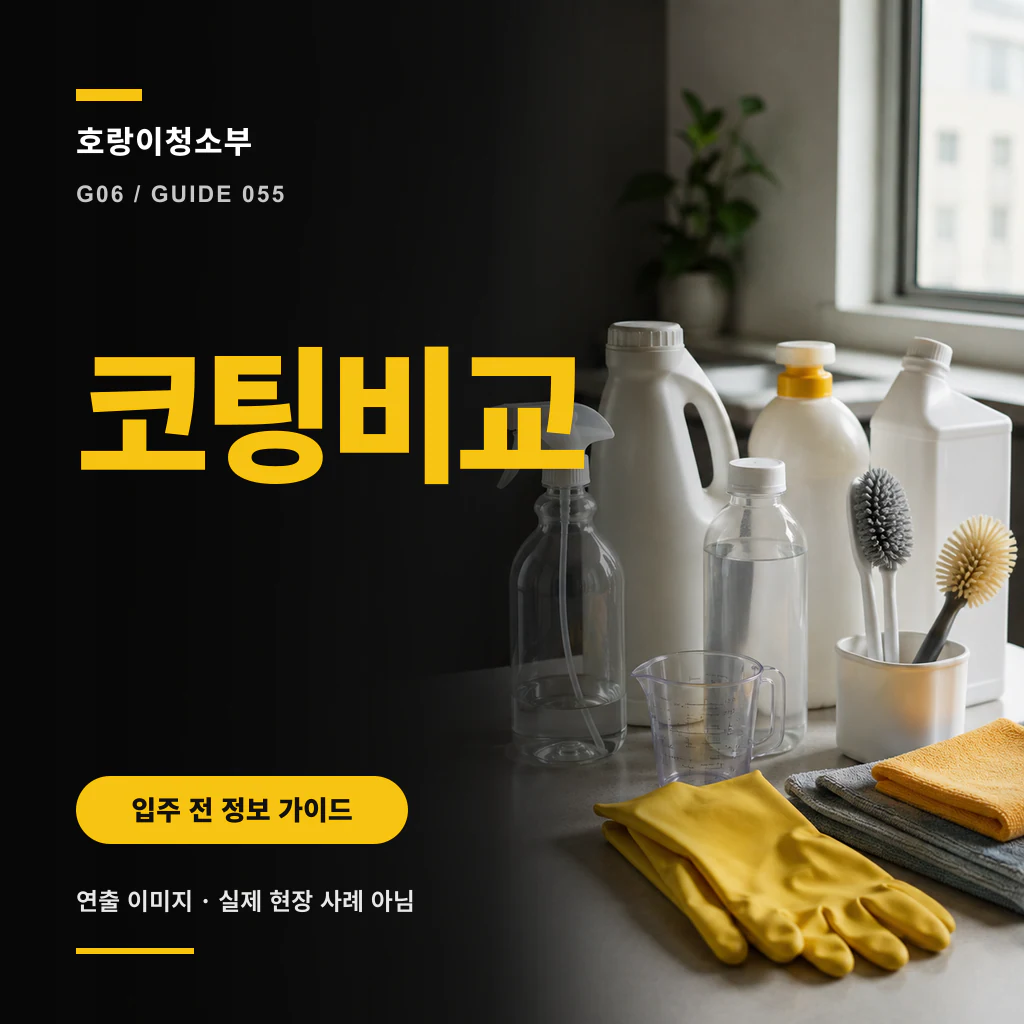 코팅 제품 라벨과 도구를 연출한 장면 위에 코팅비교 문구가 크게 표시된 정사각형 안내 이미지