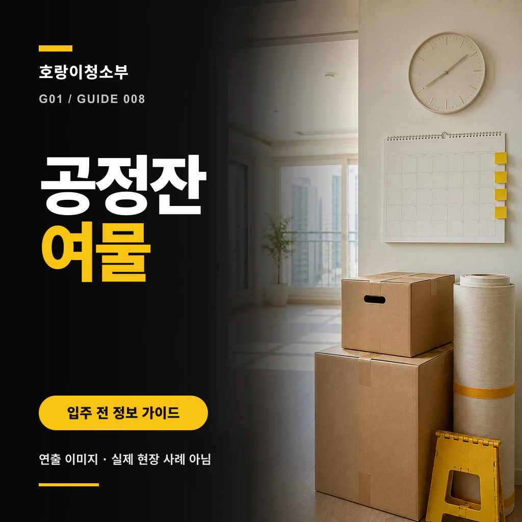 신축 빈집의 달력과 시계, 이삿짐 상자 옆에 공정 잔여물 문구를 크게 넣은 정사각형 안내 이미지