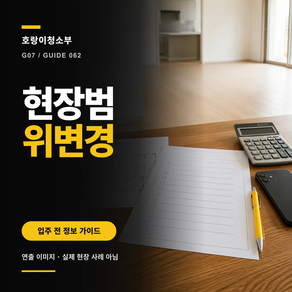 비어 있는 실내를 배경으로 책상 위 도면·체크리스트·계산기·스마트폰·펜을 배치한 정사각형 연출 이미지