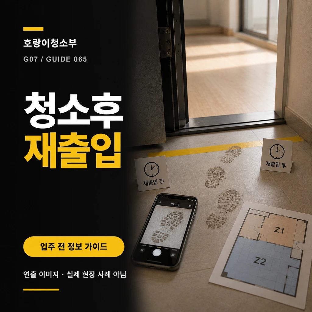 열린 현관문 안쪽의 노란 경계선 뒤로 새 먼지 발자국 세 개가 이어지고 재출입 전후 시각표와 촬영용 휴대전화, Z1·Z2 구역도가 놓인 정사각형 연출 이미지