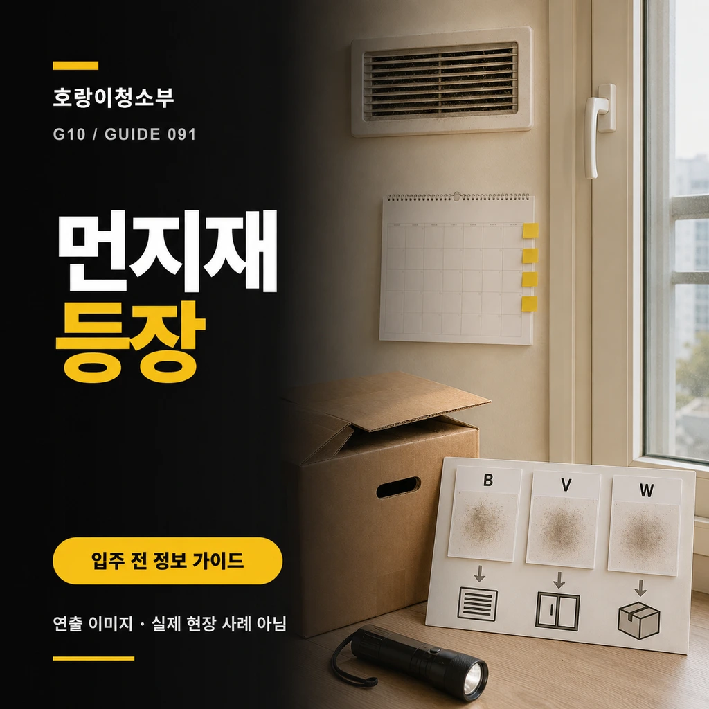 먼지재등장 제목 옆에 환기구와 창문 가장자리, 입주 상자, B·V·W 세 먼지 전이 카드 비교판과 손전등을 배치한 정사각형 연출 이미지