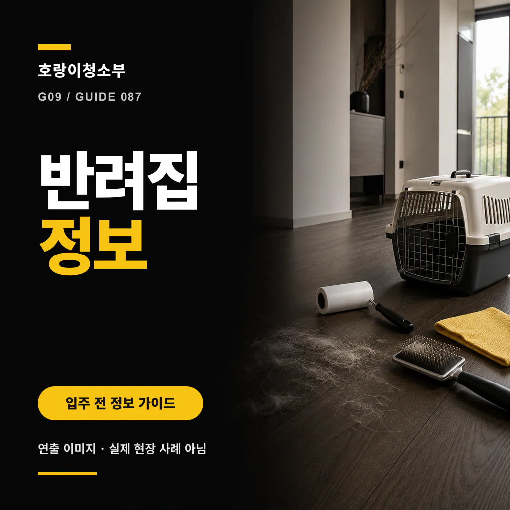 빈 실내 바닥의 반려동물 이동장과 털, 털 제거 도구, 노란 천 옆에 반려집정보 문구를 배치한 연출 이미지