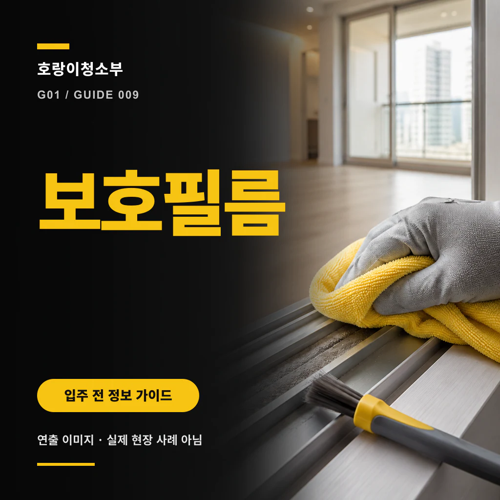 창틀 레일과 가구 모서리를 비스듬한 빛으로 비춘 장면에 보호필름 문구가 보이는 정사각형 연출 이미지