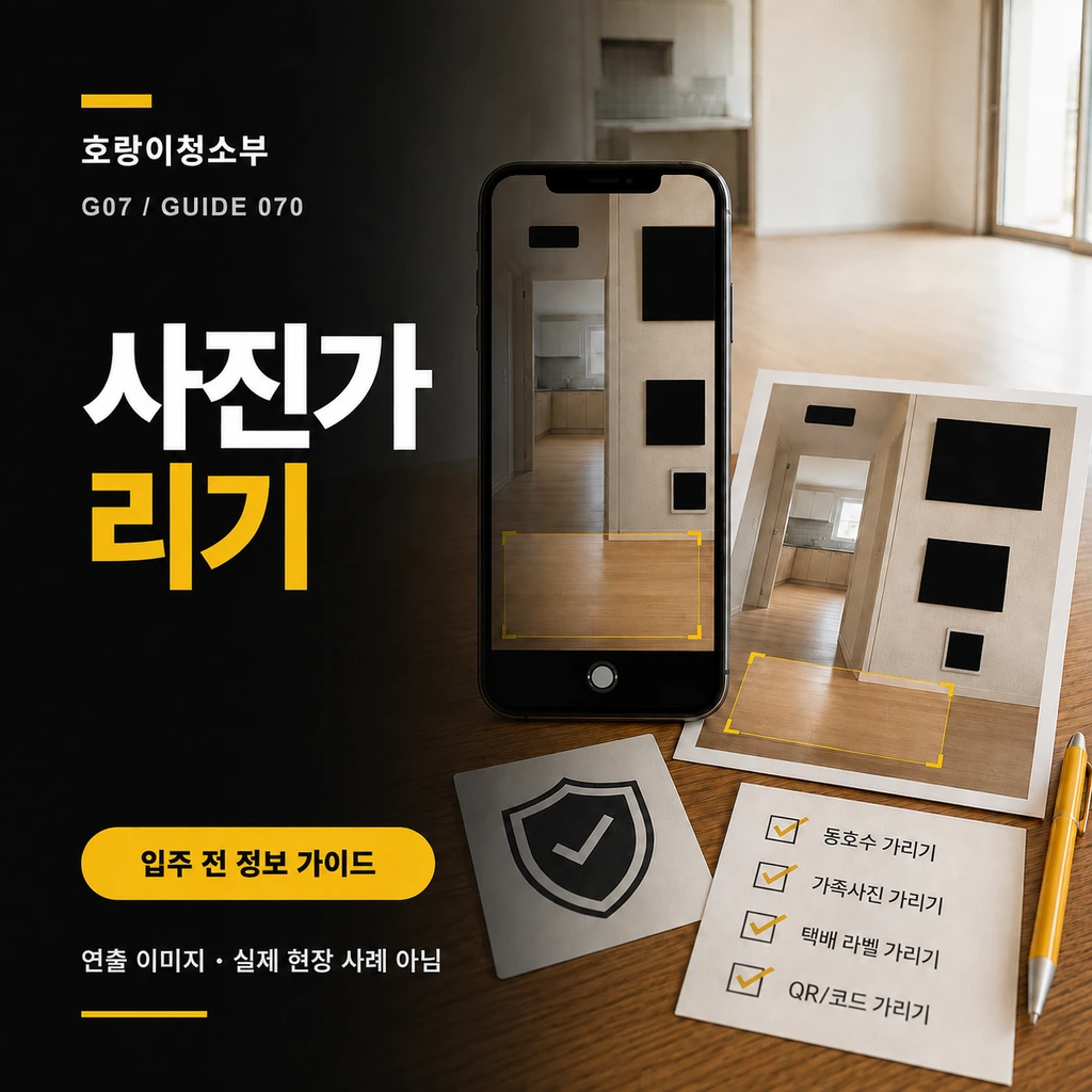 사진가리기 제목 옆에 동·호수·가족사진·택배 라벨·QR 영역을 검게 가리고 바닥만 노란 틀로 남긴 휴대전화와 인쇄 사진, 개인정보 가림 체크표를 배치한 정사각형 연출 이미지