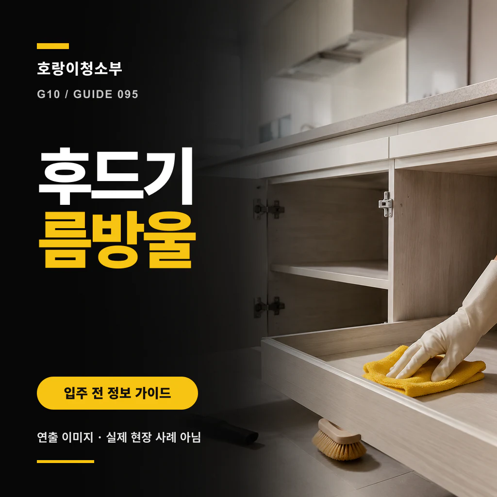 검은 안내 패널 옆 밝은 주방의 벽걸이형 레인지후드와 조리대가 보이는 정사각형 연출 이미지