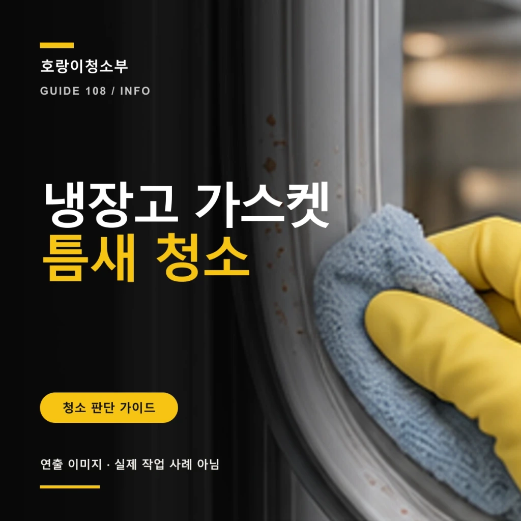 큰 냉장고 가스켓 틈새 청소 문구와 냉장고 문 고무패킹의 접힌 골을 닦는 정사각형 연출 이미지
