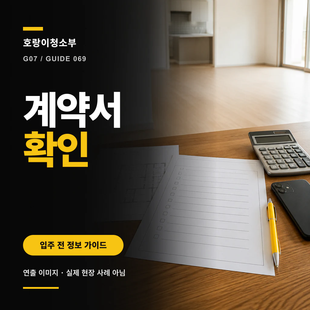 견적 문서와 체크리스트를 연출한 장면 위에 계약서확인 문구가 크게 표시된 정사각형 안내 이미지