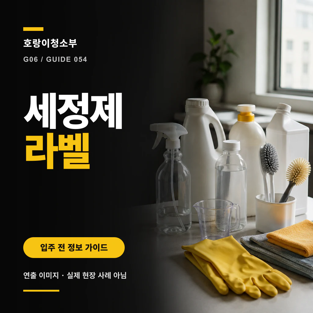세정제 용기 라벨과 청소 도구를 연출한 장면 위에 세정제라벨 문구가 크게 표시된 정사각형 안내 이미지