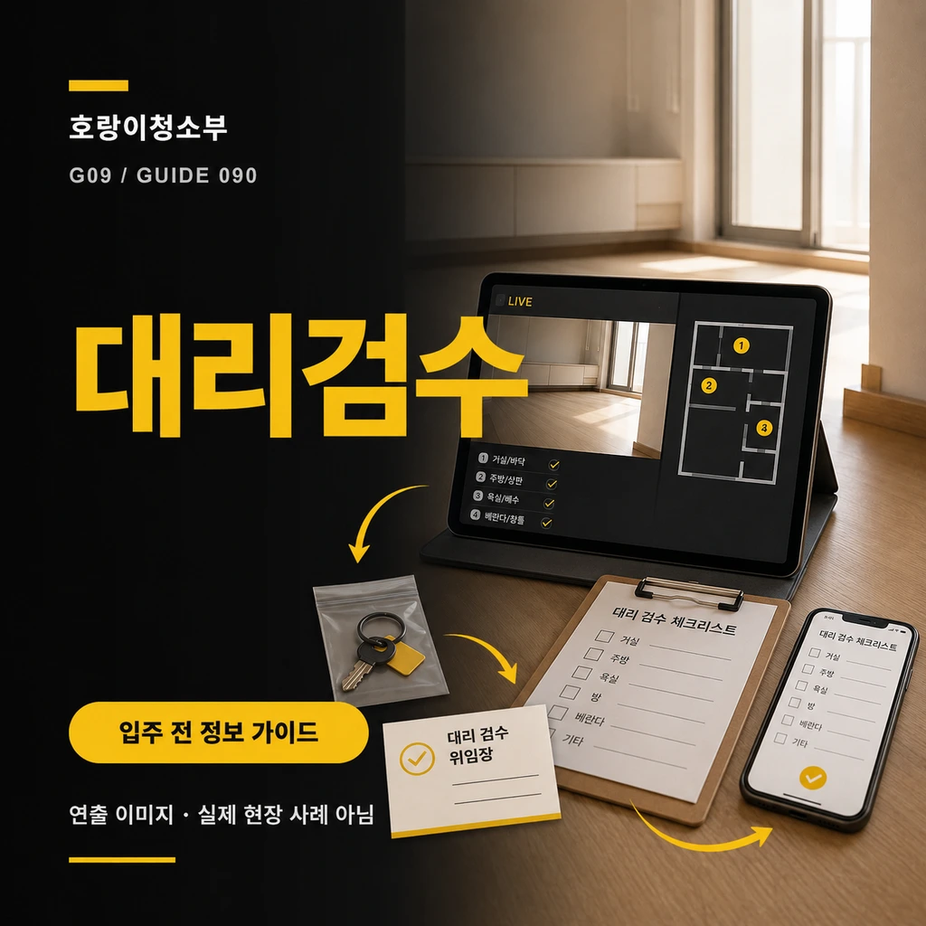 빈집 실시간 화면과 번호 평면도가 표시된 태블릿, 봉인 열쇠, 대리 검수 위임장·체크리스트와 동기화 휴대전화를 배치한 연출 이미지