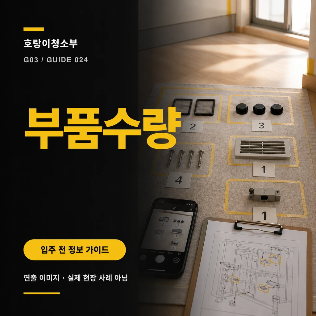 보호 매트 위에 필터·마개·나사·환기구 덮개·서랍 부품을 종류별로 나누고 수량표와 원래 위치 도면, 촬영용 휴대전화를 배치한 정사각형 연출 이미지