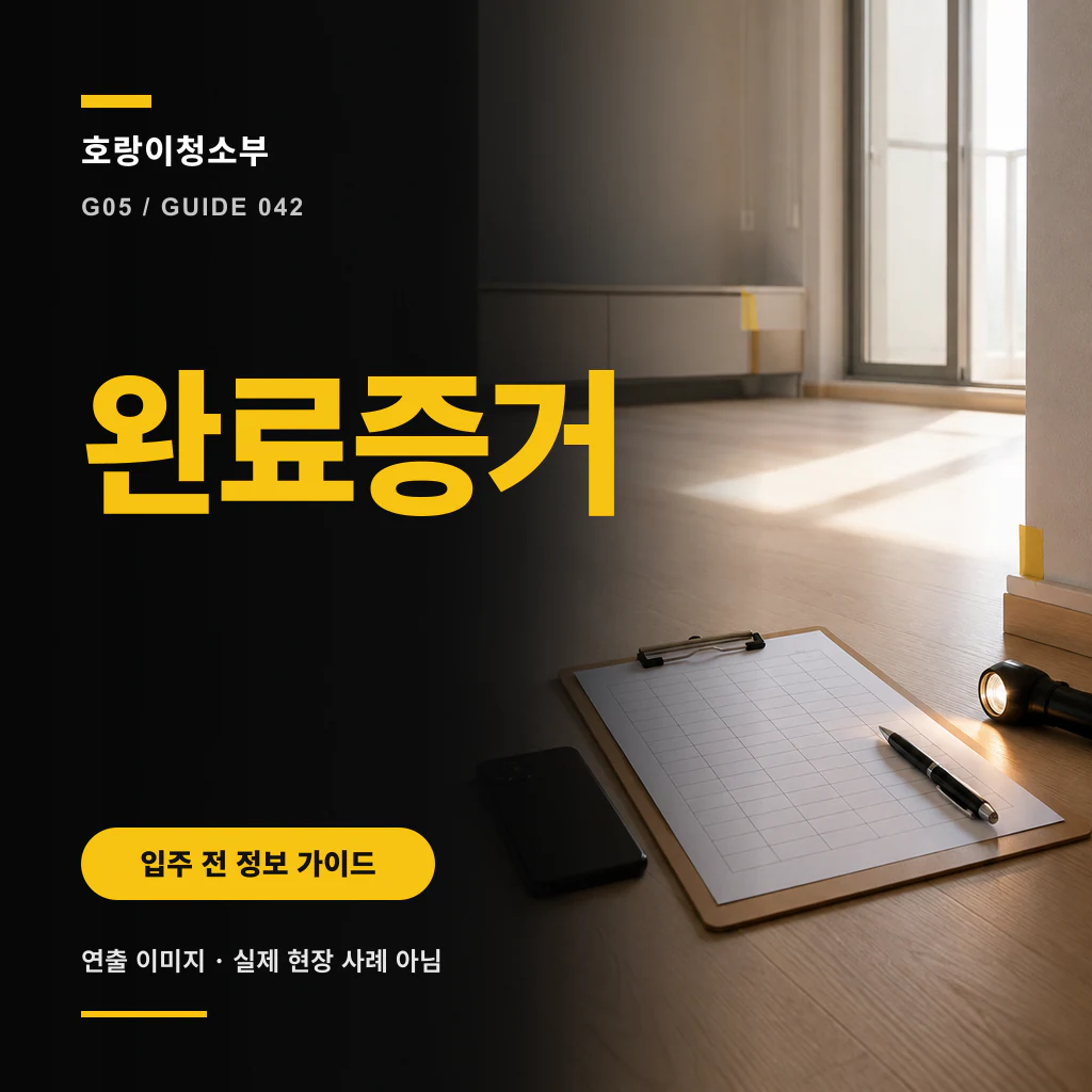 공사 공간의 클립보드 네 칸과 완료증거 문구가 보이는 정사각형 안내 이미지